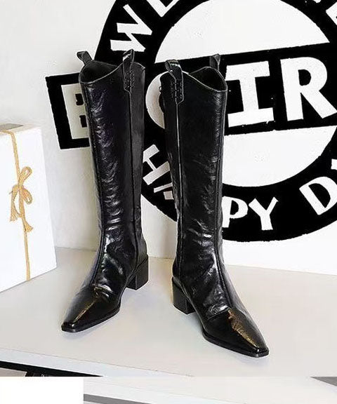 Black Knne Boots Pointed Toe Chunky Boots