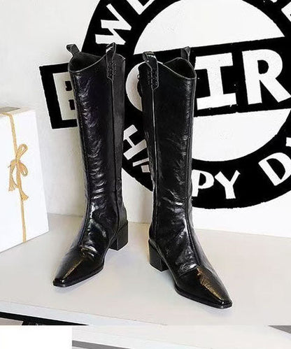 Black Knne Boots Pointed Toe Chunky Boots