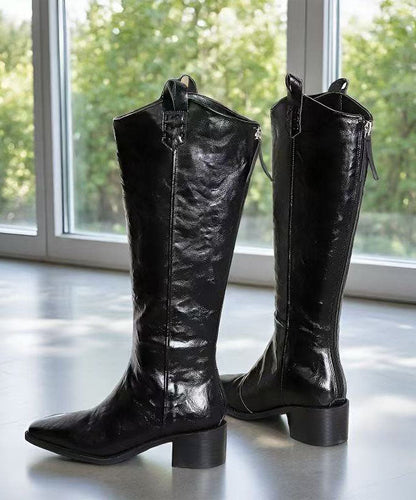 Black Knne Boots Pointed Toe Chunky Boots