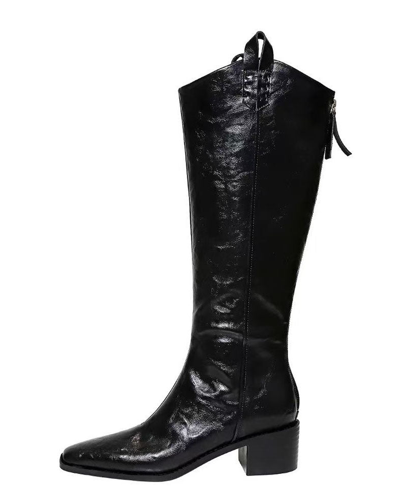 Black Knne Boots Pointed Toe Chunky Boots