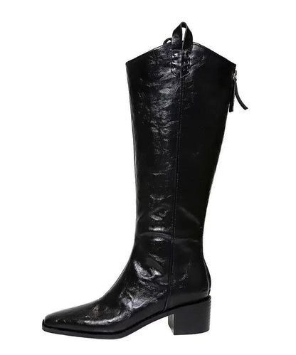 Black Knne Boots Pointed Toe Chunky Boots