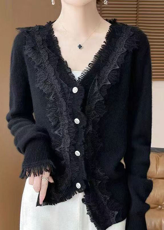 Black Lace Patchwork Knit Cardigan V Neck Long Sleeve