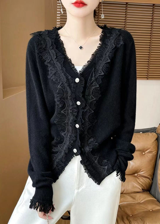 Black Lace Patchwork Knit Cardigan V Neck Long Sleeve