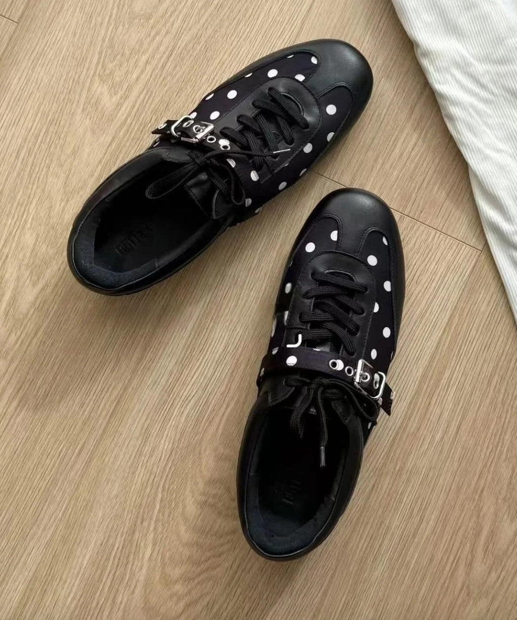 Black Lace Up Dot And Sequined Splicing Flat Feet Shoes