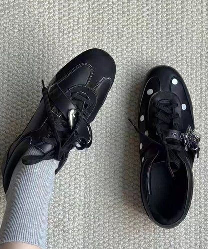 Black Lace Up Dot And Sequined Splicing Flat Feet Shoes