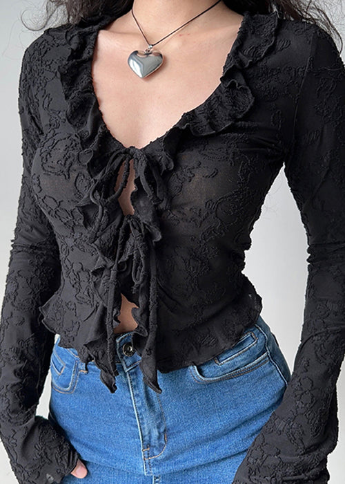 Black Lace Up Jacquard Cotton Fall Shirt Ruffled