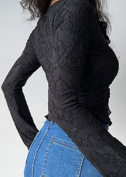 Black Lace Up Jacquard Cotton Fall Shirt Ruffled