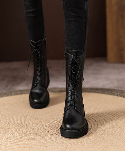 Black Lace Up Platform Cowhide Leather Chunky Mid Calf Boots