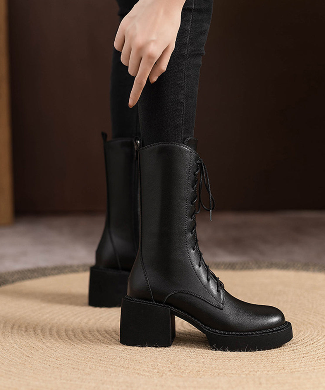 Black Lace Up Platform Cowhide Leather Chunky Mid Calf Boots