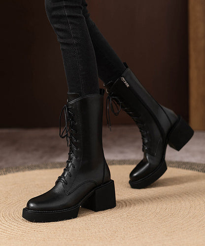 Black Lace Up Platform Cowhide Leather Chunky Mid Calf Boots