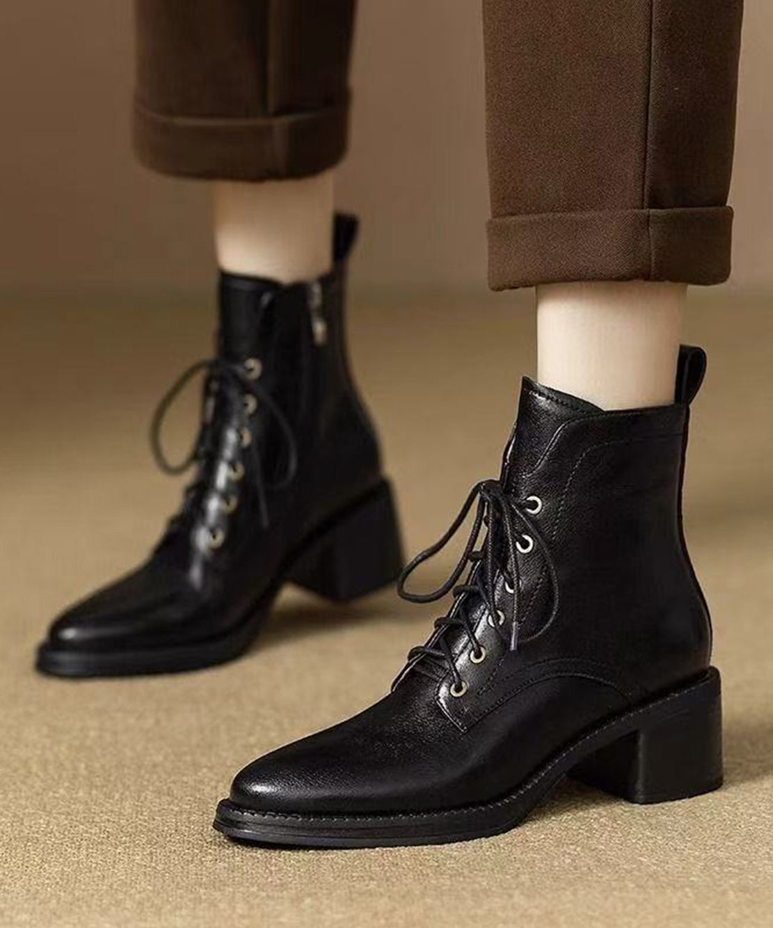 Black Lace Up Pointed Toe Chunky Cowhide Leather Ankle Boots