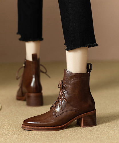 Black Lace Up Pointed Toe Chunky Cowhide Leather Ankle Boots