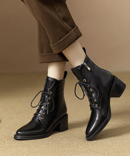 Black Lace Up Pointed Toe Chunky Cowhide Leather Ankle Boots