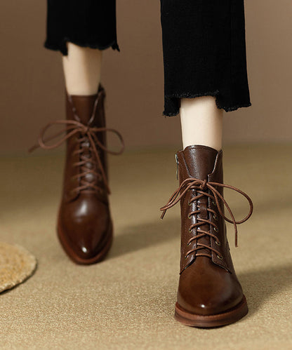 Black Lace Up Pointed Toe Chunky Cowhide Leather Ankle Boots
