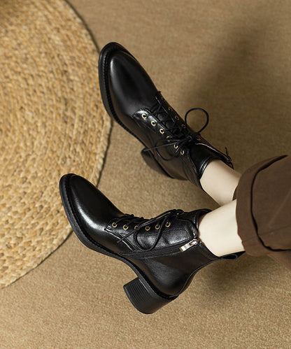 Black Lace Up Pointed Toe Chunky Cowhide Leather Ankle Boots