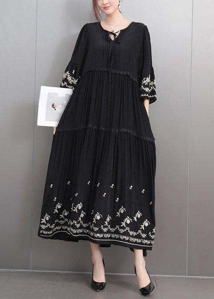 Black Lace Up Ruffled Cotton Long Dresses Embroidered Flare Sleeve
