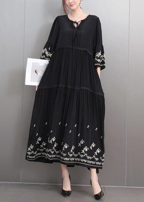 Black Lace Up Ruffled Cotton Long Dresses Embroidered Flare Sleeve