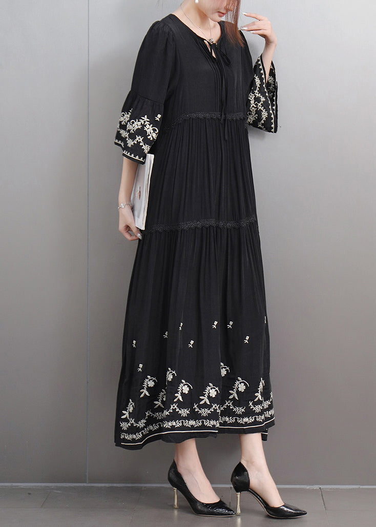 Black Lace Up Ruffled Cotton Long Dresses Embroidered Flare Sleeve