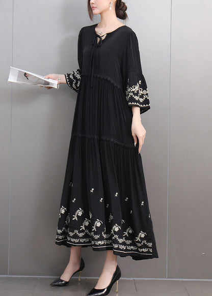 Black Lace Up Ruffled Cotton Long Dresses Embroidered Flare Sleeve