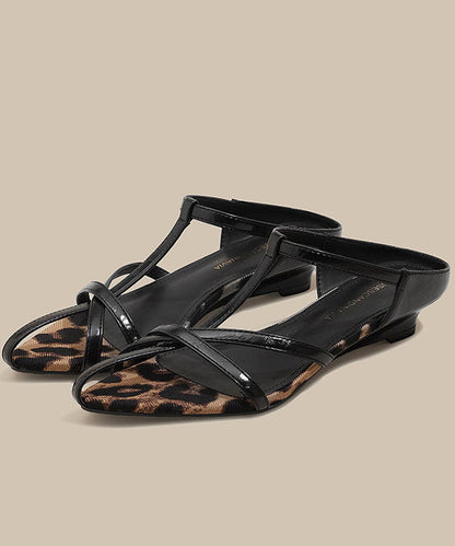 Black Leopard Chunky Sheepskin Art Thong Sandals