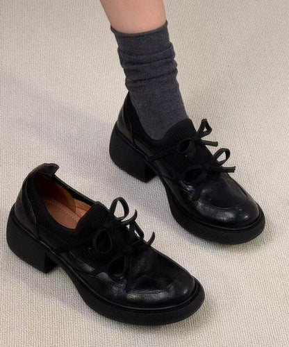 Black Loafer Shoes Faux Leather Comfy Splicing Bow Loafer Shoes