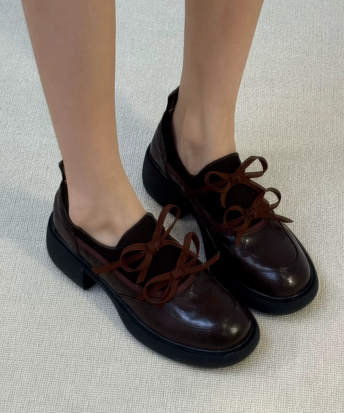Black Loafer Shoes Faux Leather Comfy Splicing Bow Loafer Shoes
