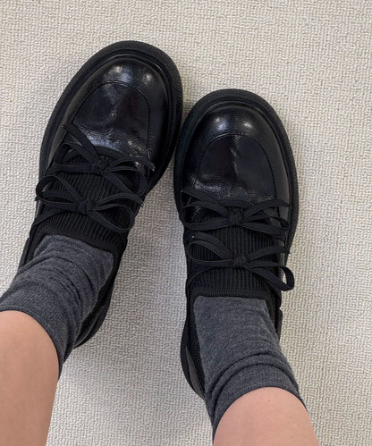 Black Loafer Shoes Faux Leather Comfy Splicing Bow Loafer Shoes