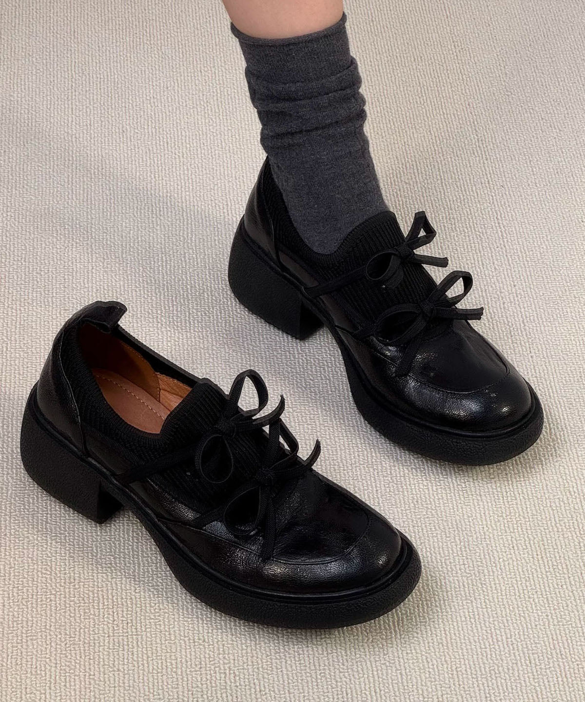 Black Loafer Shoes Faux Leather Comfy Splicing Bow Loafer Shoes