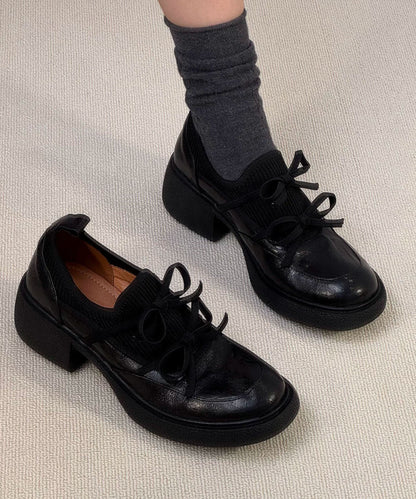 Black Loafer Shoes Faux Leather Comfy Splicing Bow Loafer Shoes