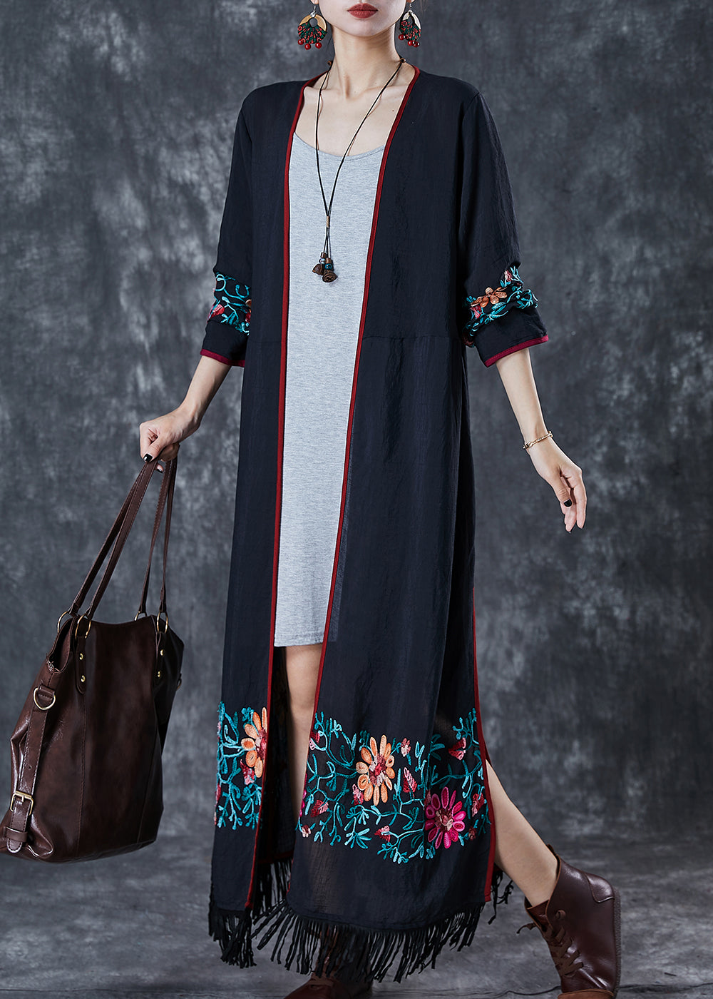 Black Loose Cotton Long Cardigan Embroidered Fall