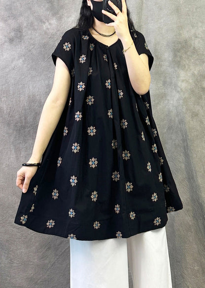 Black Loose Cotton Shirt Top O Neck Embroidered Summer