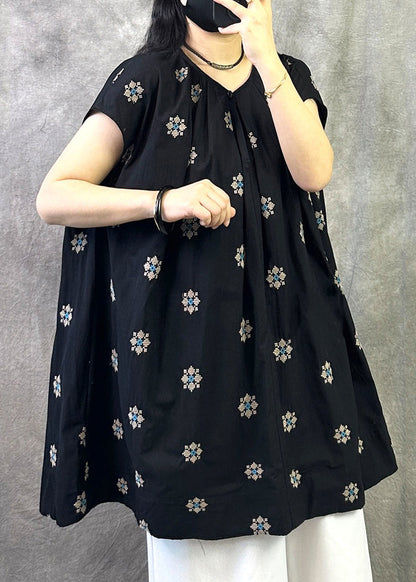 Black Loose Cotton Shirt Top O Neck Embroidered Summer