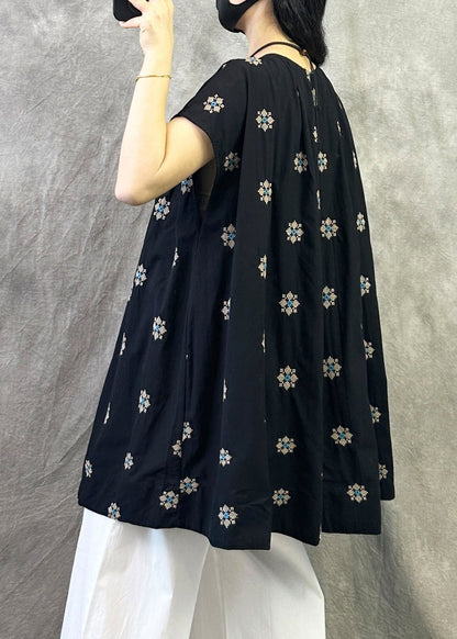 Black Loose Cotton Shirt Top O Neck Embroidered Summer