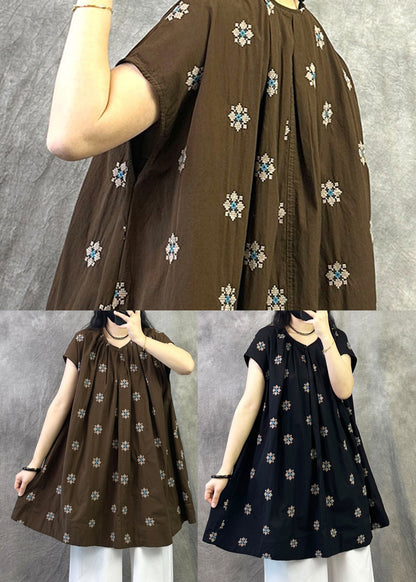 Black Loose Cotton Shirt Top O Neck Embroidered Summer