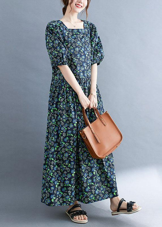 Black Loose Square Collar Print Pockets Summer Robe Dresses Puff Sleeve - SooLinen