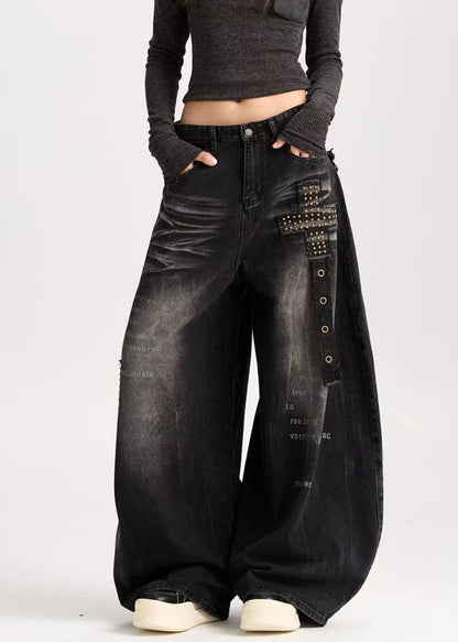 Black Loose Warm Fleece Denim Wide Leg Pants Letter Rivet Winter