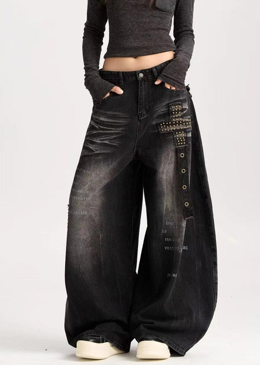 Black Loose Warm Fleece Denim Wide Leg Pants Letter Rivet Winter