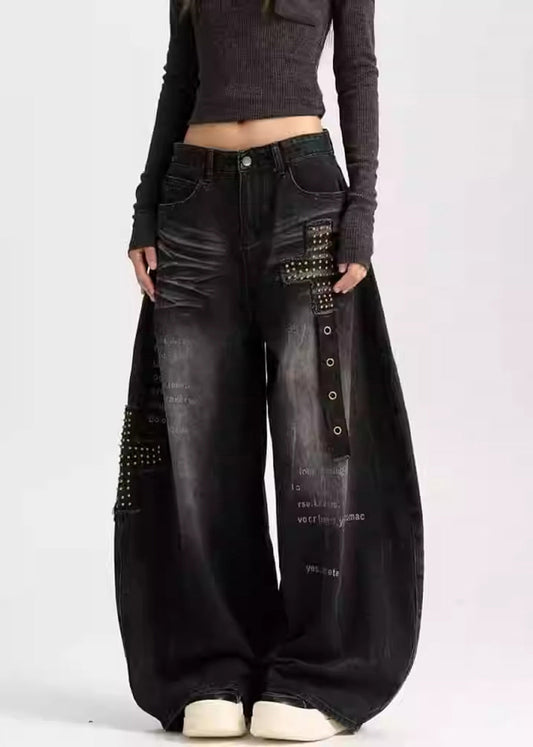 Black Loose Warm Fleece Denim Wide Leg Pants Letter Rivet Winter