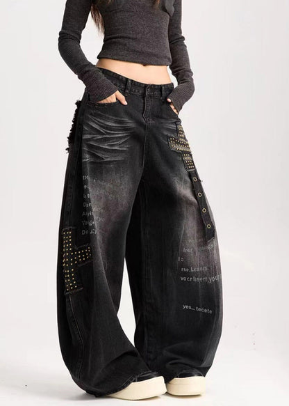 Black Loose Warm Fleece Denim Wide Leg Pants Letter Rivet Winter