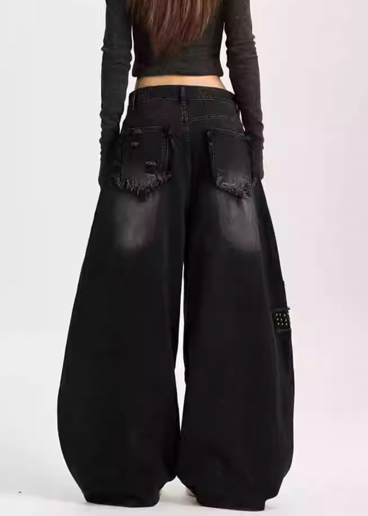 Black Loose Warm Fleece Denim Wide Leg Pants Letter Rivet Winter