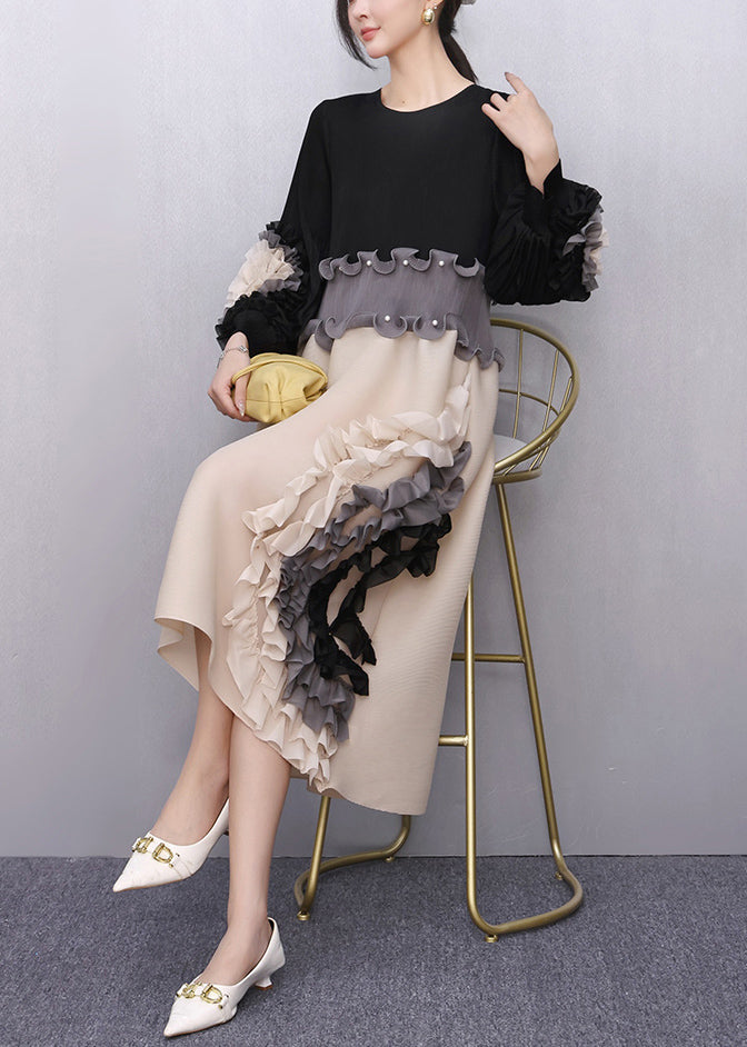 Black Nail Bead Floral Patchwork Fall Maxi Dresses Ruffled