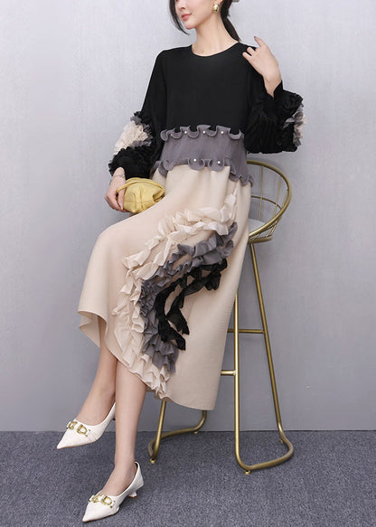 Black Nail Bead Floral Patchwork Fall Maxi Dresses Ruffled