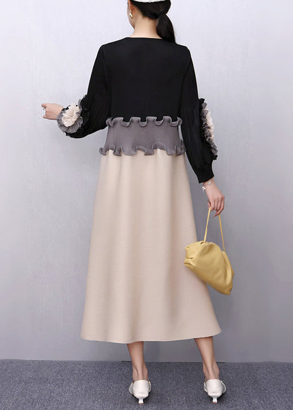 Black Nail Bead Floral Patchwork Fall Maxi Dresses Ruffled