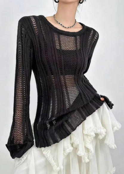 Black O-Neck Hollow Out Side Open Knit Top Long Sleeve