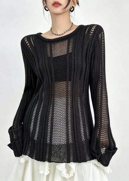 Black O-Neck Hollow Out Side Open Knit Top Long Sleeve