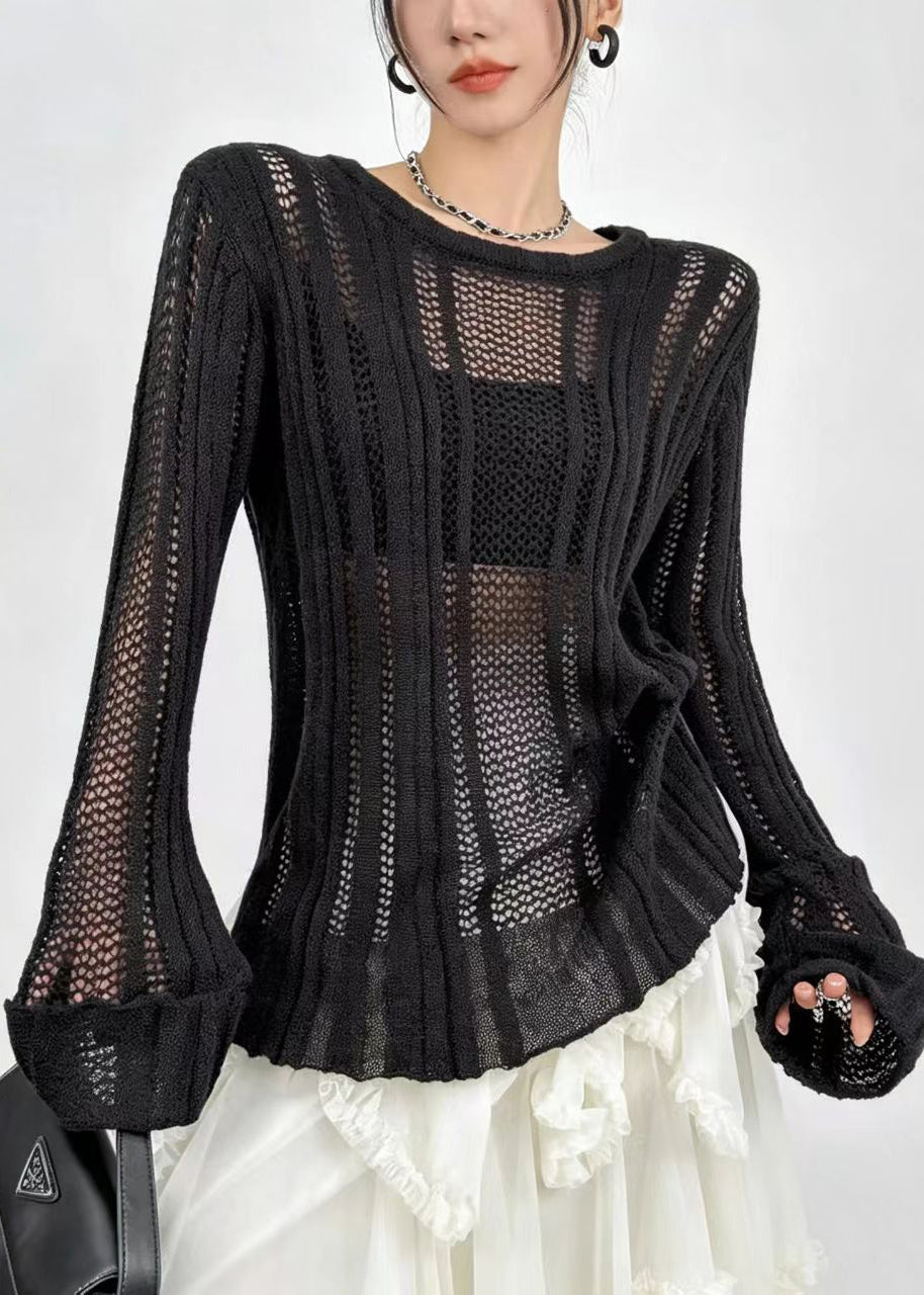 Black O-Neck Hollow Out Side Open Knit Top Long Sleeve