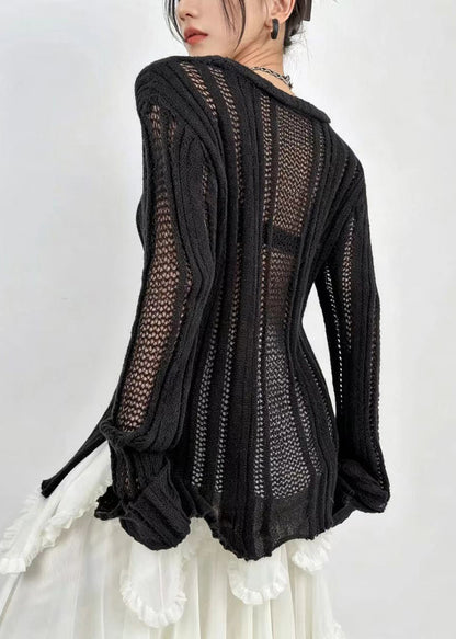 Black O-Neck Hollow Out Side Open Knit Top Long Sleeve