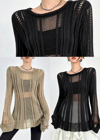 Black O-Neck Hollow Out Side Open Knit Top Long Sleeve