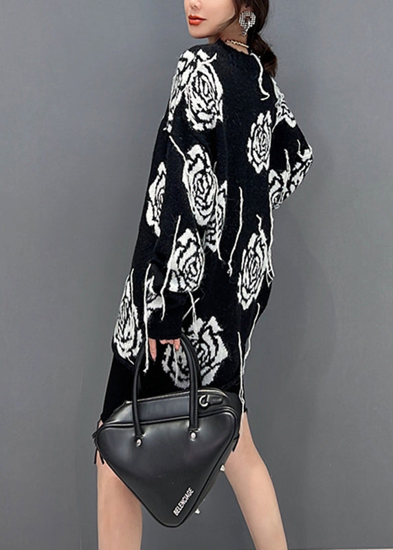 Black O-Neck Print Knit Sweater Fall