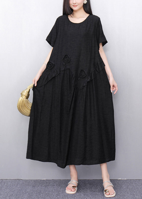 Black O-Neck Solid Long Dress Short Sleeve